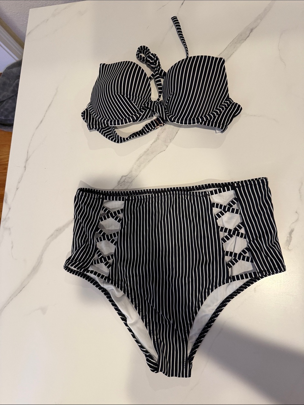Shade & Shore Black and White Striped High-Waist Bikini Set